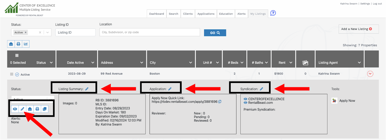 A listing on the MyListings page with the listing details expanded to the four buttons to edit a listing