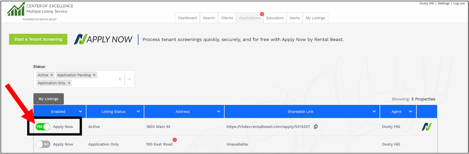 A user on the 'application' tab which highlights the 'Apply Now' toggle which is set to 'Yes' for the listing